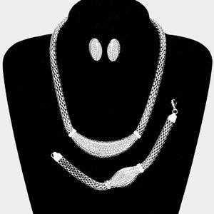 3-PCS Crystal Rhinestone Pave Mesh Necklace Set